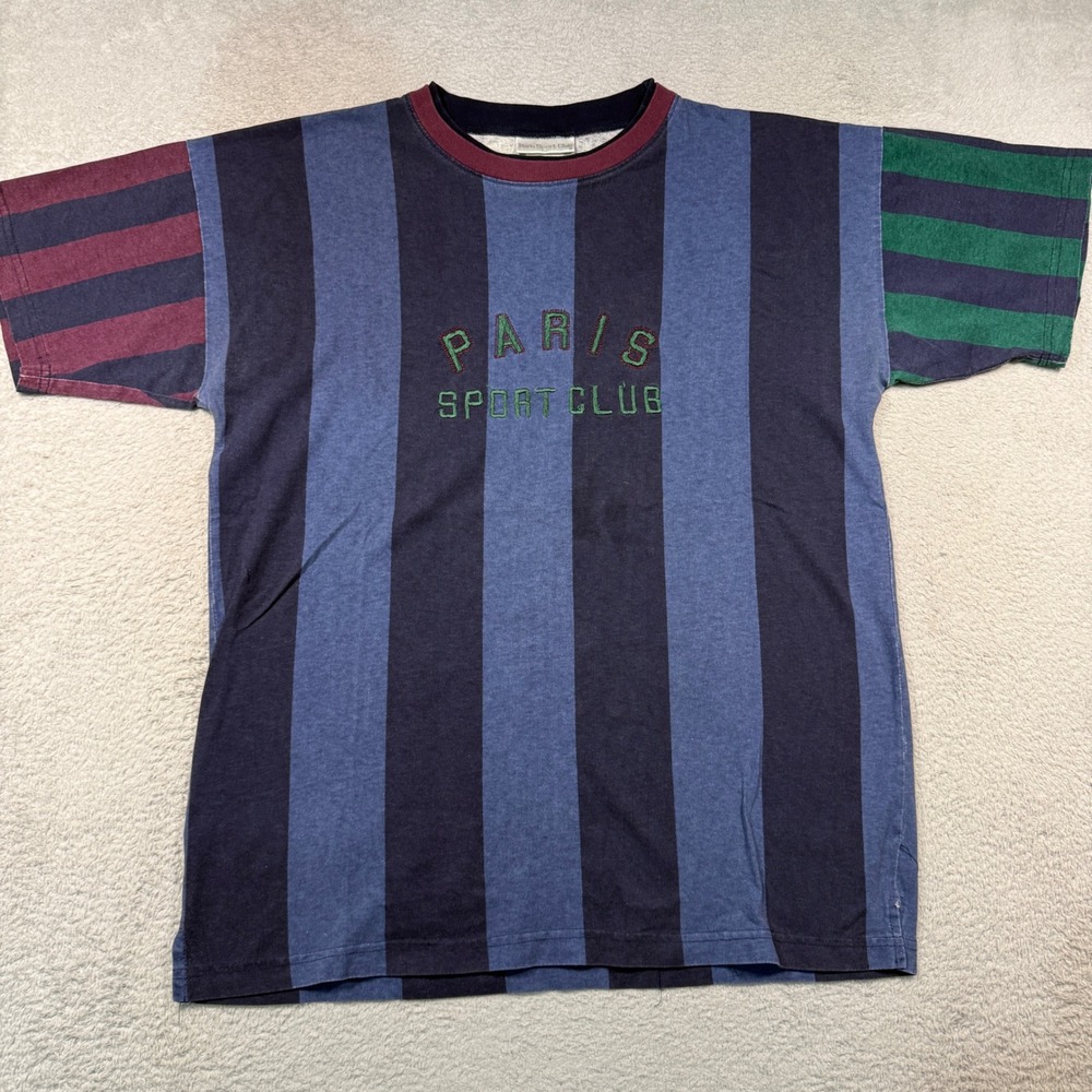 Vintage 90s Paris Sport Club T-Shirt Mens M Blue Striped Colorblock USA Made